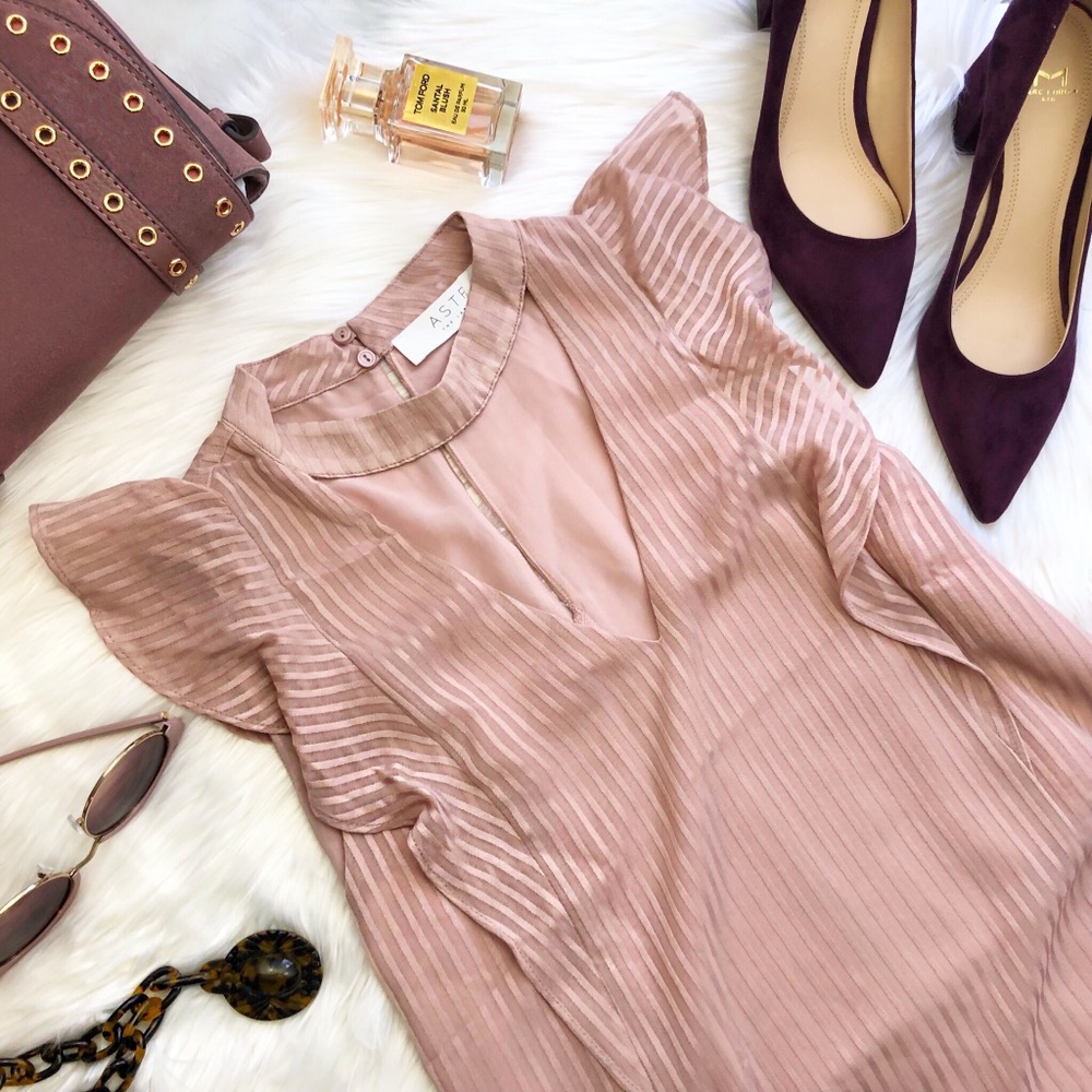 Mauve Shadow Stripe Ruffled Choker Neck Top